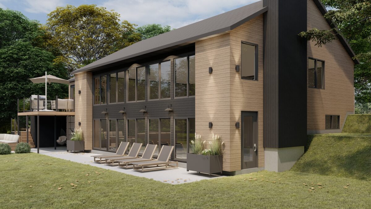 Perspective du côté arrière de la maison, mettant en valeur de grandes fenêtres pleine hauteur, une terrasse au niveau inférieur avec chaises longues, et un aménagement paysager minimaliste.