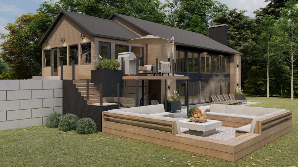 Vue de la cour arrière aménagée avec une terrasse surélevée, coin repas sous parasol, escalier en bois, et salon extérieur avec banquettes et foyer central en pierre.