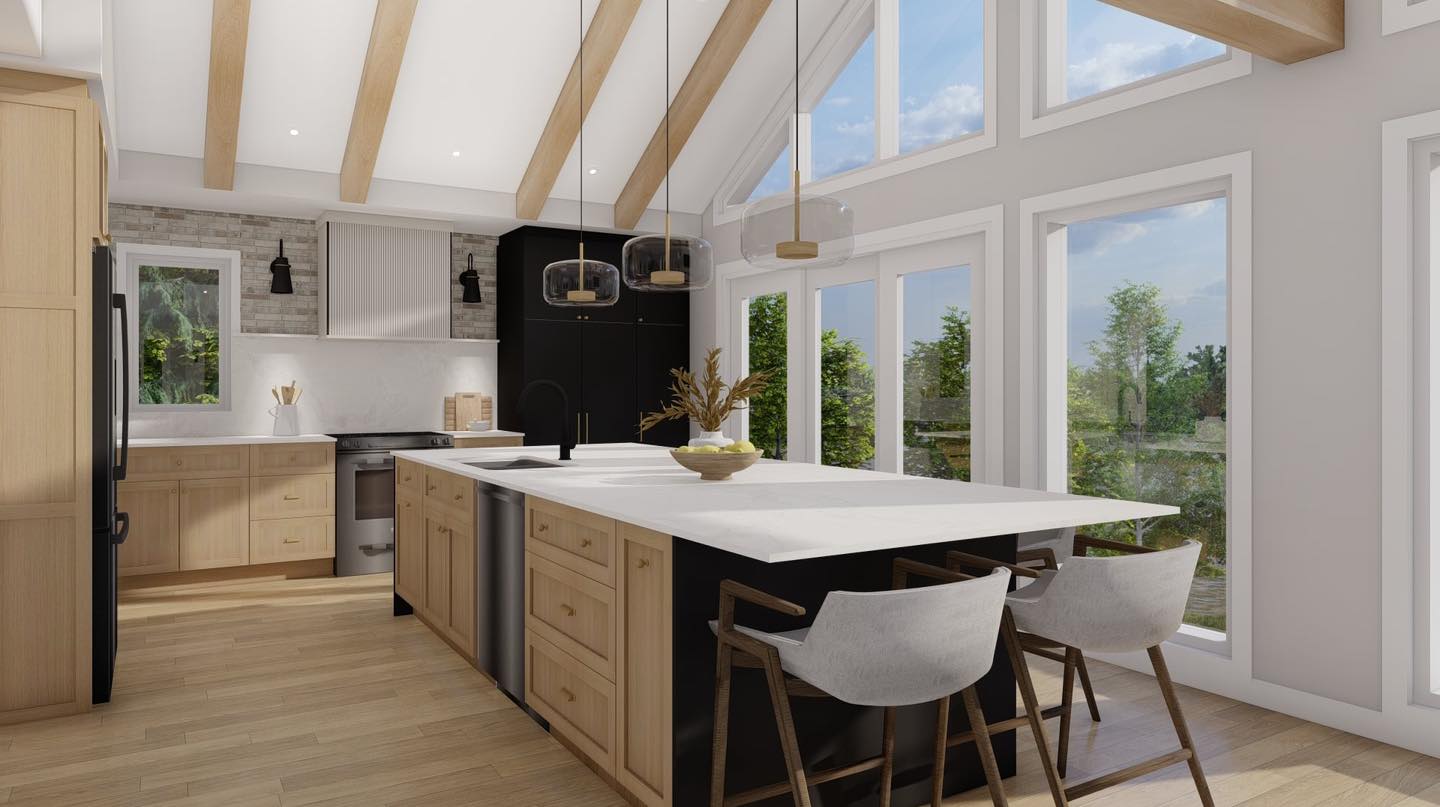 Cuisine avec design en bois et ilot central noir
