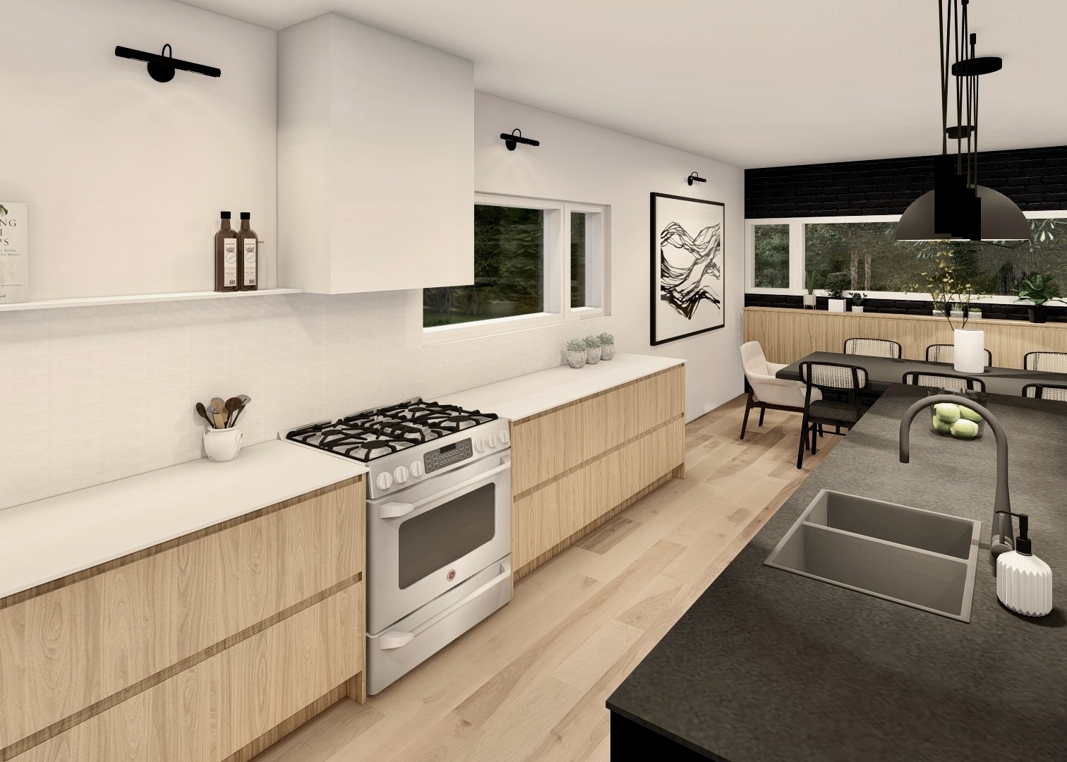 Détails cuisine en bois et noir avec décoration contemporaine