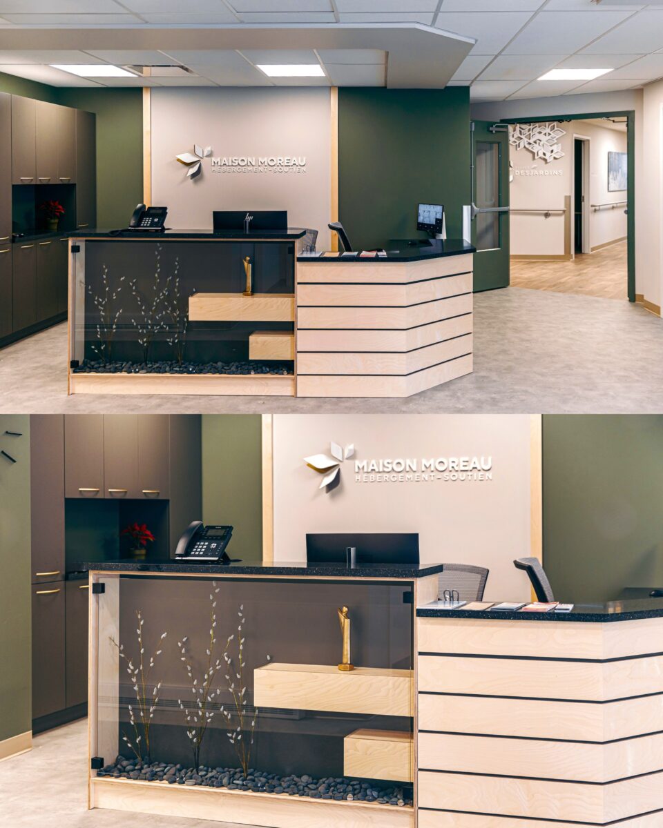 Le design de l’entrée et de l’accueil, incluant les espaces de service, de secrétariat et d’hébergement, vise à créer un environnement accueillant, fonctionnel et rassurant, facilitant l’orientation et le confort des usagers dès leur arrivée.